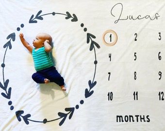 Personalised Milestone Blanket | Kid Milestone Mat | Wreath Baby Age Blanket | Monthly Photo Blanket