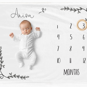 Rustic Flower Border Milestone Blanket, Growth Blanket, Milestone Mat, Personalised Baby Month Blanket, Personalized Age Blanket