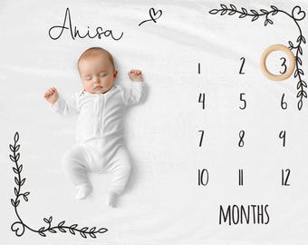 Rustic Flower Border Milestone Blanket, Growth Blanket, Milestone Mat, Personalised Baby Month Blanket, Personalized Age Blanket