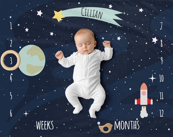 Space Milestone Blanket | Personalised Milestone Mat | Milestone Blanket for Boy | Baby Photography Prop | Astronaut Monthly Blanket
