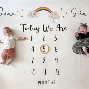 Manta de hitos para gemelos arcoíris, manta de hitos para bebés niñas, rastreador de crecimiento del bebé, manta mensual personalizada para bebé, regalo arcoíris para bebé