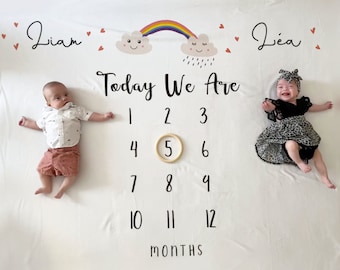 Rainbow Twins Milestone Blanket, Baby Milestone Blanket for Girls, Baby Growth Tracker, Personalized Baby Monthly Blanket, Rainbow Baby Gift
