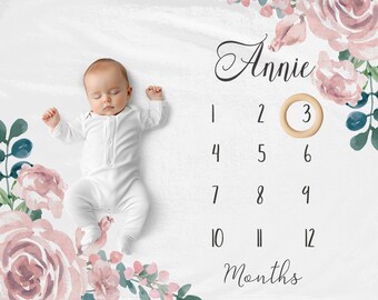 Flower Milestone Blanket | Baby Girl Milestone Blanket | Baby Age Blanket Floral | Watercolour Flower Blanket for Girl