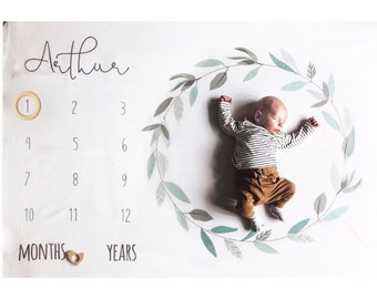 Wreath Milestone Mat Personalised, Foliage Milestone Blanket Girl, Leaves Monthly Blanket, Green Monthly Blanket Boy, Baby Month Blanket |