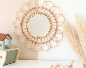 Flower Bamboo Boho Round Mirror, Wooden Frame Vanity Mirror, Floral Accent, Natural Home Decor
