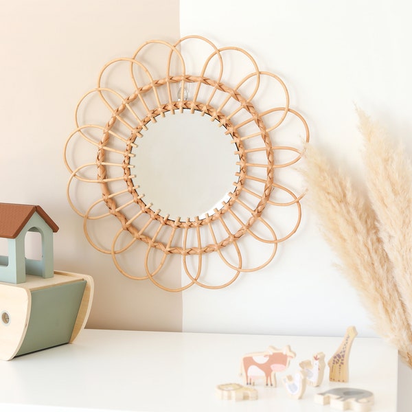 Flower Bamboo Boho Round Mirror, Wooden Frame Vanity Mirror, Floral Accent, Natural Home Decor