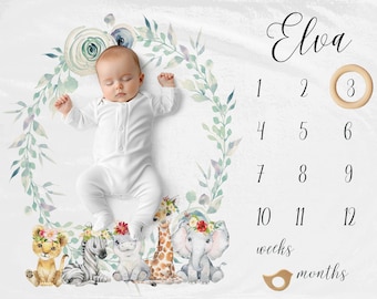 Safari-Tier-Meilenstein-Decke, Mädchen-Meilenstein-Matte, Baby-Alter-Decke, Tier-Decke, Safari-Baby-Mädchen-Decke, personalisiertes Babygeschenk