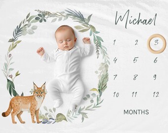Woodland Milestone Blanket, Personalised Boy Animal Blanket, Baby Age Blanket, Animal Age Mat, Baby Monthly Blanket, Bobcat Milestone Mat