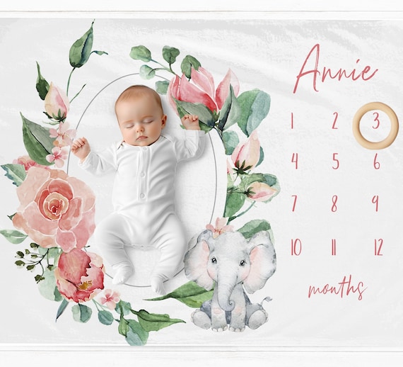 Elephant Milestone Blanket, Baby Girl Monthly Blanket, New Baby