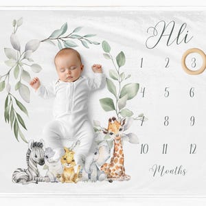 Personalisierte Tiermeilenstein-Decke, Meilensteinmatte für Jungen, Babydecke, Aquarellblätter-Decke, Safari-Tiere-Decke