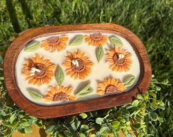 Sunflower Dough Bowl Candle: Handcrafted Soy Wax, Rustic Farmhouse Decor