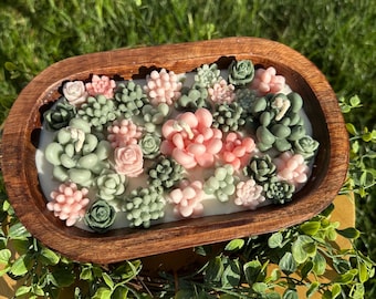 以下が含まれることがあります： ピンク、緑、グレーの色合いの多肉植物の形をした装飾が施された、白い物質で満たされた木製のボウル。 ボウルは黄色の表面に置かれ、前景には緑の葉、背景には草地があります。 ボウルの長さは約25cmです。