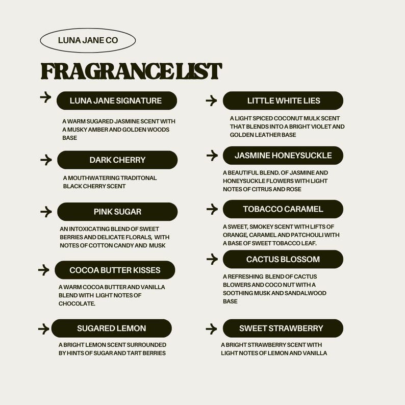 May include: A fragrance list from Luna Jane Co. featuring scent descriptions. Scents include Luna Jane Signature, Dark Cherry, Pink Sugar, Cocoa Butter Kisses, Sugared Lemon, Little White Lies, Jasmine Honeysuckle, Tobacco Caramel, Cactus Blossom, and Sweet Strawberry.
