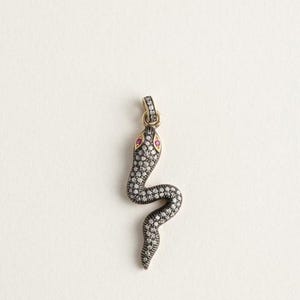 May include: A snake-shaped pendant crafted from dark metal, featuring a body encrusted with numerous small, clear pavé-set stones. The snake has two small, vibrant pink stones for eyes and a small circular bail at the top for attachment.