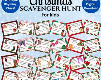 May include: A Christmas Scavenger Hunt game for kids, featuring 24 unique rhyming clues. The game includes colorful cards with festive illustrations and text, perfect for a fun holiday activity. Includes the text "Printable Digital Download".