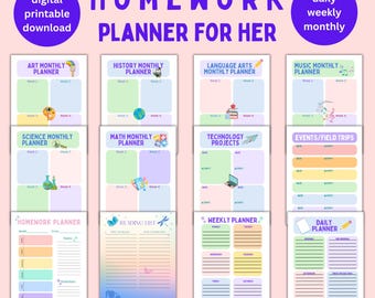 Afdrukbaar huiswerkplanner: dagelijks, wekelijks en maandelijks academische planner (digitale download)