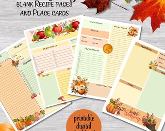 Thanksgiving Recipe Pages & Place Cards: Printable Autumn Planner (Digital Download)