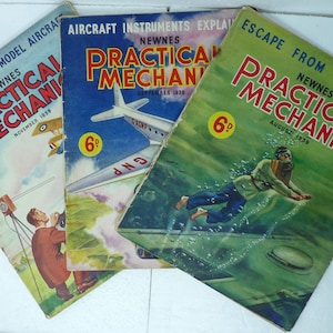 May include: Three vintage copies of "Practical Mechanics" magazine. The covers feature a model aeroplane, a man escaping from a submarine, and a man operating a radio-controlled aeroplane. Each cover has the price "6d" printed on it.