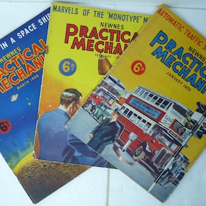 May include: Three vintage copies of "Practical Mechanics" magazine, a publication focused on engineering and technology. The covers feature illustrations of a spaceship, a monotype machine, and automatic traffic signals. The magazines are dated March 1939, February 1939, and January 1959.