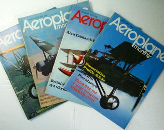 May include: Four vintage copies of Aeroplane Monthly magazine featuring aircraft on the covers. The covers are blue, red, and white with the magazine title and issue dates.