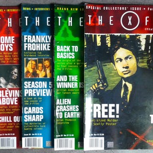 May include: A stack of X-Files magazines with diverse covers. The magazines showcase images of the show's characters and episode titles. The covers are in shades of green, red, blue, and white, with text including "The Pilot Episode" and "Season 5 Preview."