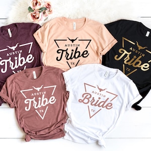 Bachelorette Party Shirts Austin Texas, Bride and Tribe, Bridesmaid, V-Neck T-Shirts, Tanks, Black, Rose, Gold, Blue, Peach image 1