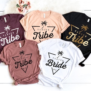 Bachelorette Party Shirts - Cancun Mexico, Beach Bride and Tribe, Bridesmaid, V-Neck T-Shirts, Tanks, Black, Rose, Gold, Palm Tree, Gift