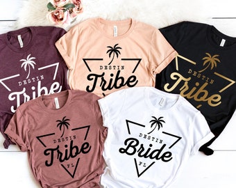 Bachelorette Party Shirts - Destin Florida, Beach Bride and Tribe, Bridesmaid, V-Neck T-Shirts, Tanks, Black, Rose, Gold, Palm Tree, Gift