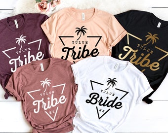 Bachelorette Party Shirts - Tulum Mexico, Beach Bride and Tribe, Bridesmaid, V-Neck T-Shirts, Tanks, Black, Rose, Gold, Palm Tree, Gift