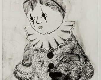 Baby Jack, Baby Jester Clown Art Drypoint Etching Print, Black, Matted and Framed, Jason Raye