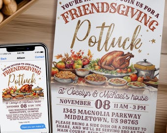 May include: A rectangular Friendsgiving potluck invitation card and a smartphone displaying the same digital invitation. The text reads: You're invited to join us for a Friendsgiving Potluck at Jocelyn & Michael's house, November 08, 11 AM - 3 PM.