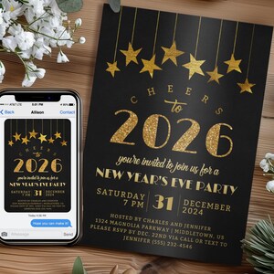 Invitation à la fête du Nouvel An : étoiles d'or 2026, invitation numérique, modèle modifiable à télécharger image 1