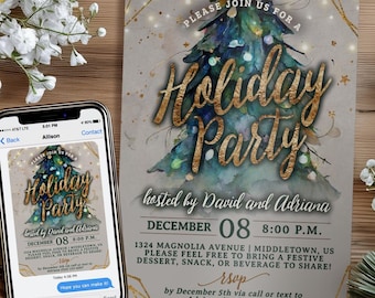 Holiday Party Invitation: Christmas Tree Boho Gold 5x7 4x6 Editable Template PDF JPG