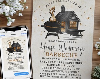 Rustic Gold Housewarming BBQ Invitation, Digital Invite 5x7 4x6 Printable Editable Template PDF JPG