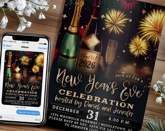 Nyårsaftoninbjudan: Guldfärgad fyrverkeri-champagne, nyårsafton 2026, digital redigerbar mall 5x7 4x6