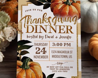 Thanksgiving Dinner Invitation: Autumn Pumpkins, Digital Invite 5x7 4x6 Printable Editable Template PDF JPG