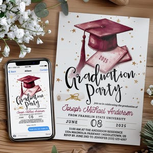 Graduation Party Invitation: Maroon Burgundy Grad, 5x7 4x6 Digital Printable Editable Template MG425