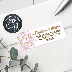 5160 Address Label Template - Pink Gold Snowflake Editable Holiday Label Template - 1 x 2-5/8&quot; Labels PSF1022