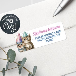 Birthday Cats Return Address Label, 5160 Compatible, Printable Editable Template 1x2-5/8&quot; Labels CBD223