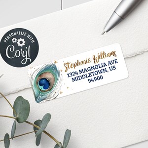 Peacock Feather Address Label - 5160 Compatible - Gold Editable Label Template - 1&quot; x 2-5/8&quot; Labels PCF423