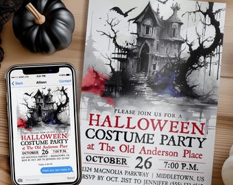Adult Halloween Invitation: Haunted House Scary Stories Dark, Digital 5x7 4x6 Printable Editable Template