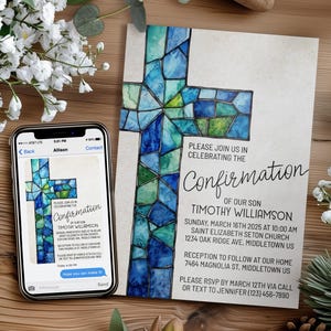 Confirmation Invitation: Stained Glass Cross Boy Masculine, Digital 5x7 4x6 Editable Template PDF JPG