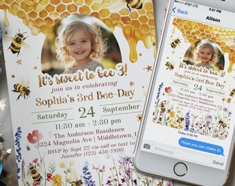 Invito per il terzo compleanno - Honeybee Sweet to Bee Three Invito digitale per il terzo compleanno Bee-Day 5x7 e 4x6 Modello stampabile modificabile PDF JPG