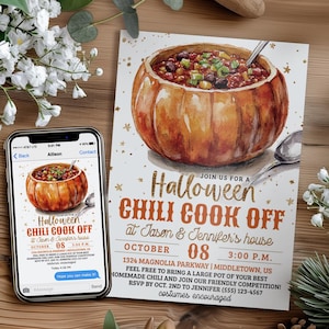May include: A rectangular invitation card and a smartphone displaying the same design, featuring a watercolor illustration of chili served in a hollowed-out pumpkin. The text reads: Join us for a Halloween Chili Cook Off at Jason & Jennifer's house, October 08, 3:00 P.M., 1324 Magnolia Parkway, Middletown, US.