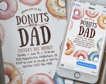 Donuts With Dad Fathers Day Brunch Invitation, 5x7 4x6 Digital Editable Template PDF JPG