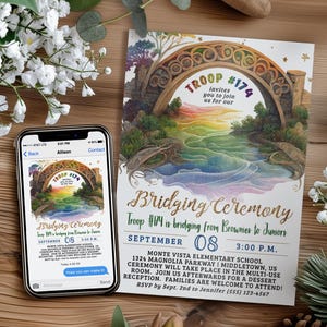 Girl Scouts Bridging Ceremony Invitation Flyer, Digital 5x7 4x6 Editable Printable Template PDF JPG