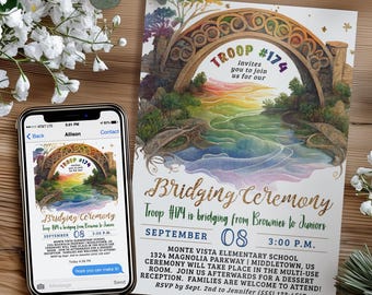 Volante de invitación a la ceremonia de enlace de las Girl Scouts, plantilla digital editable e imprimible (5x7, 4x6, PDF, JPG)