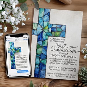 Faire-part première communion : vitrail croix garçon masculin, modèle modifiable d'invitation numérique 5 x 7 4 x 6 SFC126