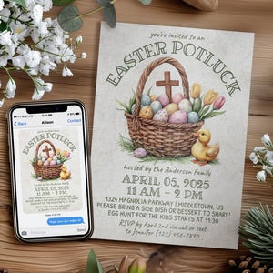 Religious Easter Potluck Invitation: Cross Egg Hunt Duckling, Digital 5x7 4x6 Printable Editable Template