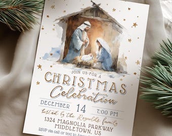 May include: A Christmas Celebration invitation card with a watercolor illustration of the Nativity scene. The card features the text "Join us for a Christmas Celebration" and event details. The card is surrounded by pine branches and a pine cone.